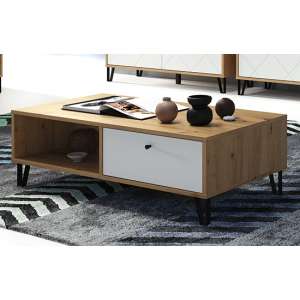 Touch 1 Drawer Coffee Table In Matt White And Artisan Oak