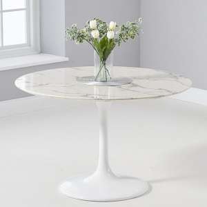 Trejo Round High Gloss Marble Effect Dining Table In White