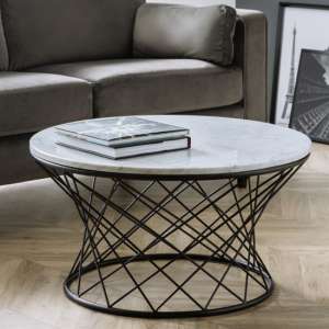 Trevi Real Marble Coffee Table In White With Black Wire Base