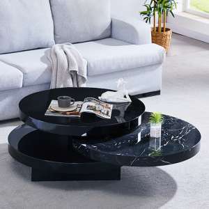 Triplo Black Round Rotating Coffee Table In Milano Marble Effect