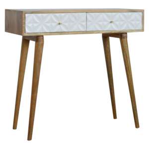 Tufa Wooden Diamond Carved Console Table In Oak Ish And White