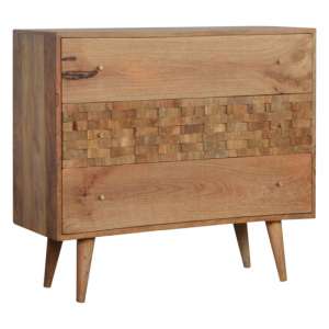 Tufa Wooden Tile Carved Chest Of 3 Drawers In Oak Ish
