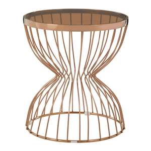 Saclateni Round Glass Side Table In Rose Gold With Hourglass Bas