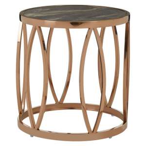 Saclateni Round Marble Side Table In Rose Gold With Leaf Base 