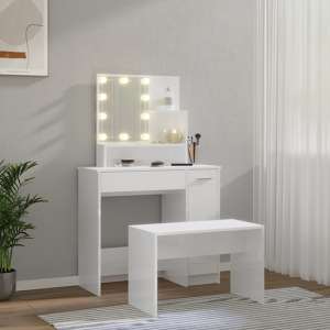 Udell High Gloss Dressing Table Set In White With LED Lights