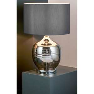 Unique Smoked Ridged Detail Glass Table Lamp With Grey Shade