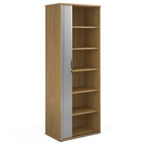 Upton 1 Door Tambour Storage Cabinet In Oak With 5 Shelves