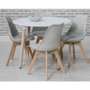 Regis Round Dining Set In White With 4 Grey Chairs
