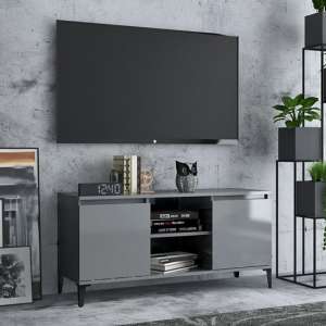 Usra High Gloss TV Stand With 2 Doors And Shelf In Grey