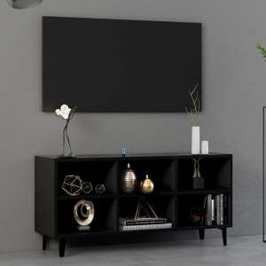 Usra Wooden TV Stand In Black With Black Metal Legs