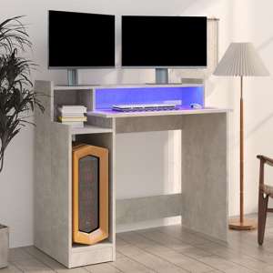 Velez Wooden Computer Desk In Concrete Effect With LED Lights