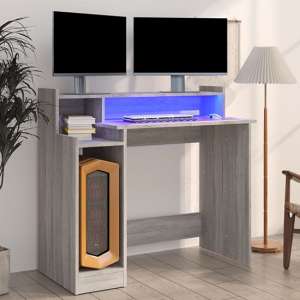 Velez Wooden Computer Desk In Grey Sonoma Oak With LED Lights