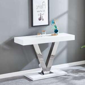 Vera High Gloss Console Table In White With Chrome Supports