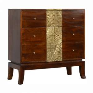 Verandah Wooden Chest Of 3 Drawers In Chestnut And Brass Plated