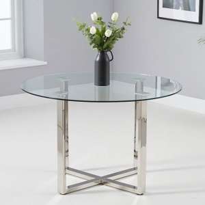 Vidra Round Clear Glass Dining Table With Chrome Crossed Base
