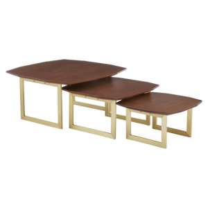 Vigap Wooden Nest Of 3 Tables With Gold Metal Legs In Walnut