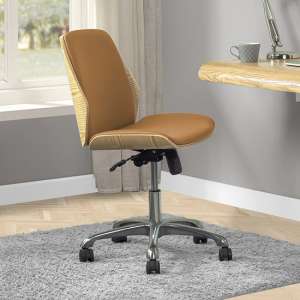 Vikena Faux Leather Office Chair In Oak And Tan