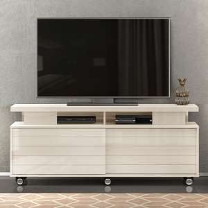Vistoc High Gloss 2 Sliding Doors TV Stand On Castors In White