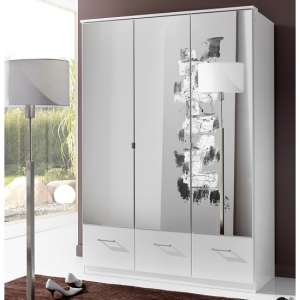 Vista Mirrored Wardrobe In White With 3 Doors And 3 Drawers