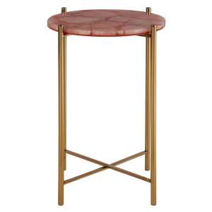 Sauna Round Quartz Side Table With Gold Steel Frame In Pink