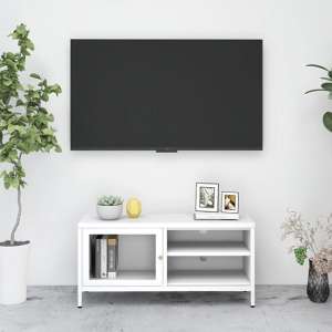 Voss Clear Glass TV Stand With 1 Door In White Steel Frame
