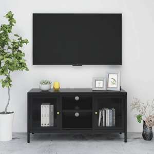 Voss Clear Glass TV Stand With 2 Doors In Black Steel Frame