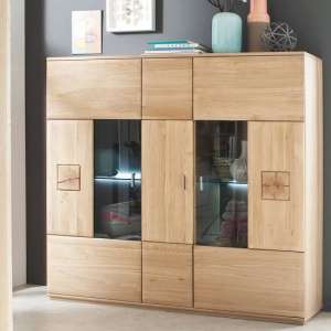 Wales Wooden Highboard In Bianco Oak With 3 Doors And LED