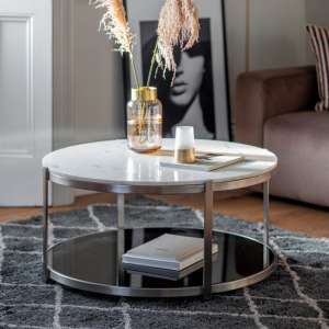 Watchit White Marble Top Coffee Table With Silver Metal Frame