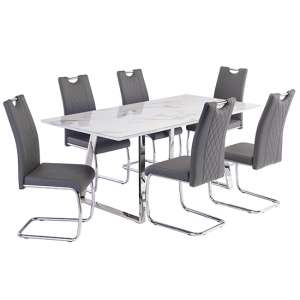 Wivola Marble Effect Dining Table With 6 Gerbit Grey Chairs