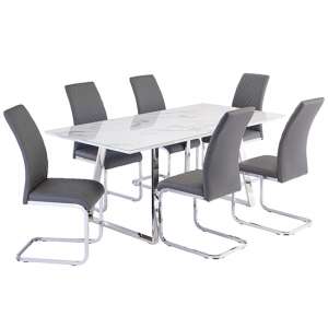 Wivola Marble Effect Dining Table With 6 Huskon Grey Chairs