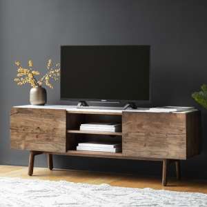 Wayne Marble Top TV Stand In White And Acacia Wood With 2 Doors