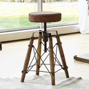 Werchter Real Leather Stool In Vintage With Oak Wooden Legs