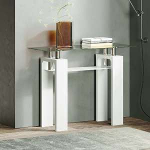 Willis Glass Console Table In Clear With White High Gloss Legs