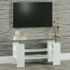 Willis Glass TV Stand In Clear With White High Gloss Legs