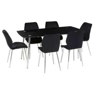 Wims Black Glass Dining Table With 6 Black Velvet Chairs