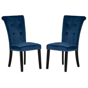 Wodan Velvet Dining Chair In Blue With Black Legs In A Pair