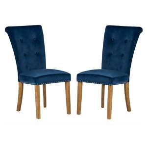 Wodan Velvet Dining Chair In Blue With Oak Legs In A Pair