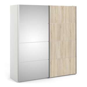 Wonk Mirrored Sliding Doors Wardrobe In White Oak With 5 Shelves