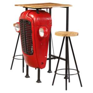 Xena Tractor Wooden Bar Table With 2 Stools In Natural And Red