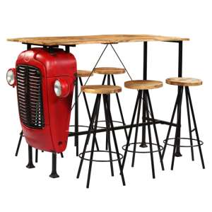 Xena Tractor Wooden Bar Table With 6 Stools In Natural And Red