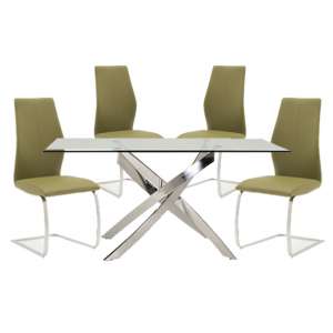 Xenon Rectangular Glass Dining Table With 4 Bernie Olive Chairs