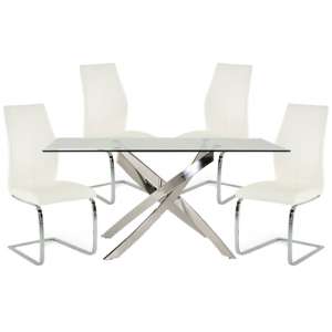 Xenon Rectangular Glass Dining Table With 4 Bernie White Chairs