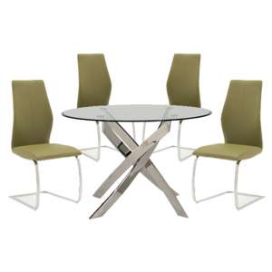Xenon Round Glass Dining Table With 4 Bernie Olive Chairs