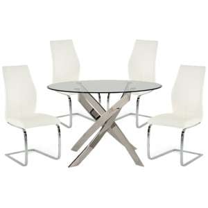 Xenon Round Glass Dining Table With 4 Bernie White Chairs
