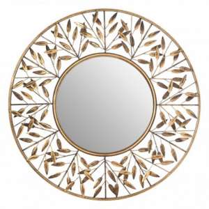 Zaria Round Tiny Leaf Design Wall Bedroom Mirror In Gold Frame