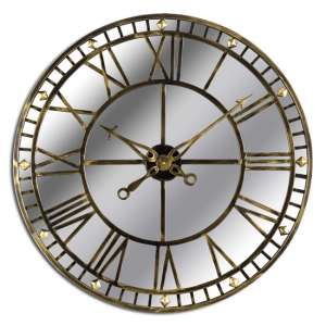 Zulia Large Skeleton Mirrored Wall Clock In Antique Brass